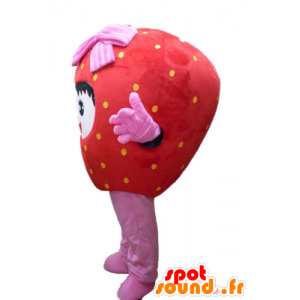 Mascot fresa gigante, rojo y rosa, sonriendo - MASFR23844 - Mascota de la fruta