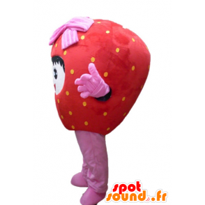 Mascot giant strawberry, red and pink, smiling - MASFR23844 - Fruit mascot