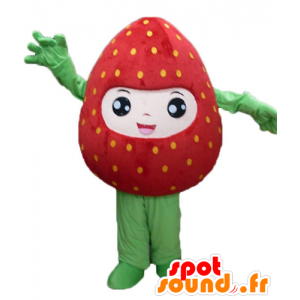 Mascotte de fraise géante, rouge et verte, souriante - MASFR23845 - Mascotte de fruits