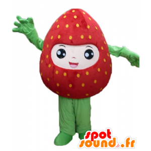 Mascotte fragola gigante, rosso e verde, sorridente - MASFR23845 - Mascotte di frutta