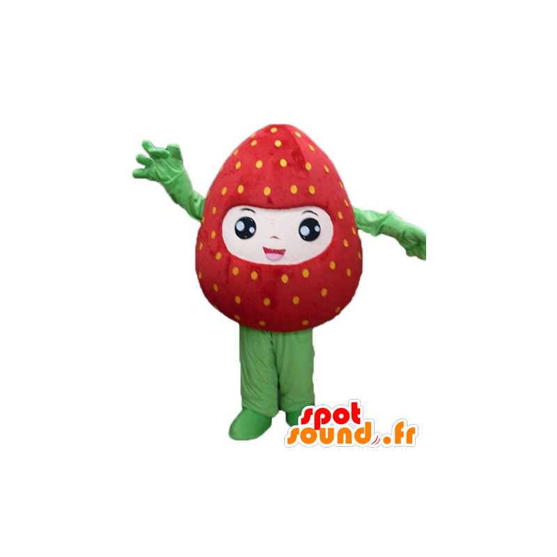 Mascot fresa gigante, rojo y verde, sonriendo - MASFR23845 - Mascota de la fruta