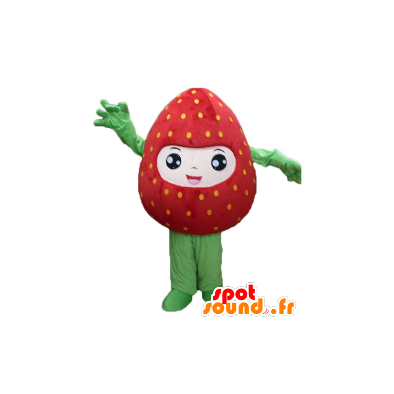 Maskot obří jahoda, červené a zelené, usmíval se - MASFR23845 - fruit Maskot
