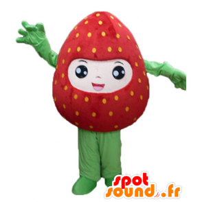 Mascot fresa gigante, rojo y verde, sonriendo - MASFR23845 - Mascota de la fruta