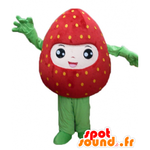 Mascotte de fraise géante, rouge et verte, souriante - MASFR23845 - Mascotte de fruits