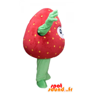 Mascot fresa gigante, rojo y verde, sonriendo - MASFR23845 - Mascota de la fruta