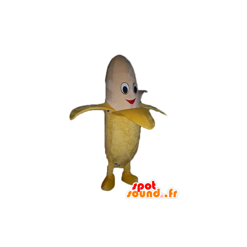 Mascotte de banane géante jaune et beige, souriante - MASFR23846 - Mascotte de fruits