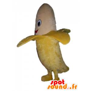 Banana gigante mascotte giallo e beige, sorridente - MASFR23846 - Mascotte di frutta