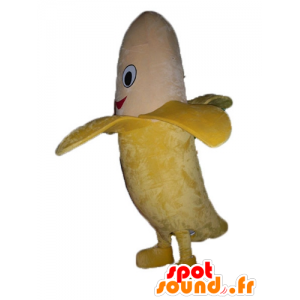 Mascota de plátano gigante amarillo y beige, sonriendo - MASFR23846 - Mascota de la fruta