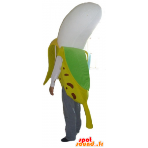 Yellow banana mascot, brown, green and white - MASFR23864 - Fruit mascot