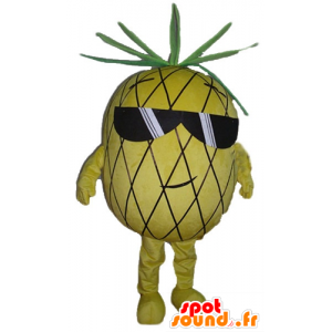 Mascotte pineapple, yellow and green, with sunglasses - MASFR23865 - Fruit mascot