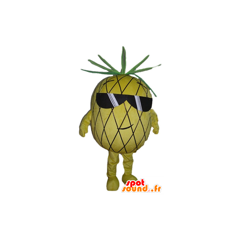 Mascotte pineapple, yellow and green, with sunglasses - MASFR23865 - Fruit mascot