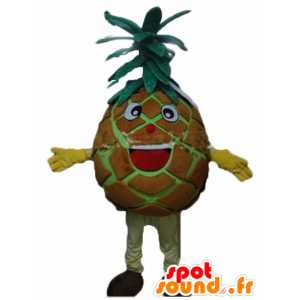 巨大なパイナップルのマスコット、茶色と緑、とても笑顔で楽しい-MASFR23868-フルーツのマスコット
