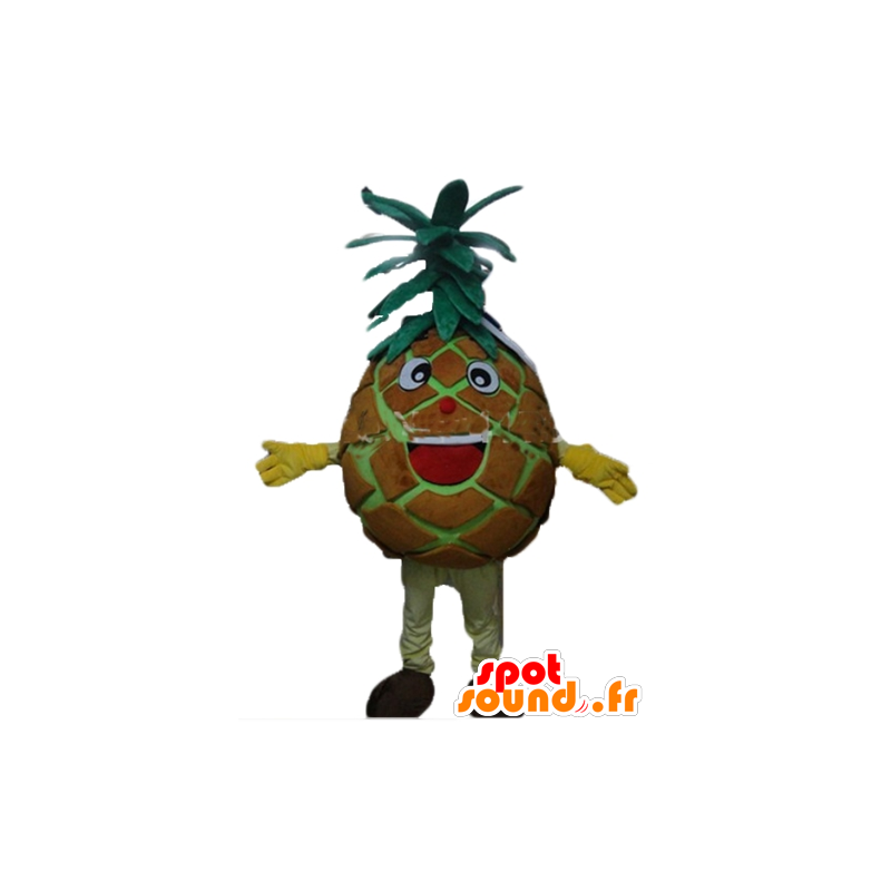Mascotte d'ananas géant, marron et vert, très souriant et fun - MASFR23868 - Mascotte de fruits