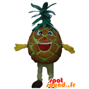 Kæmpe ananas maskot, brun og grøn, meget smilende og sjov -