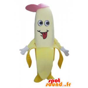 Kæmpegul bananmaskot med en lyserød hætte - Spotsound maskot