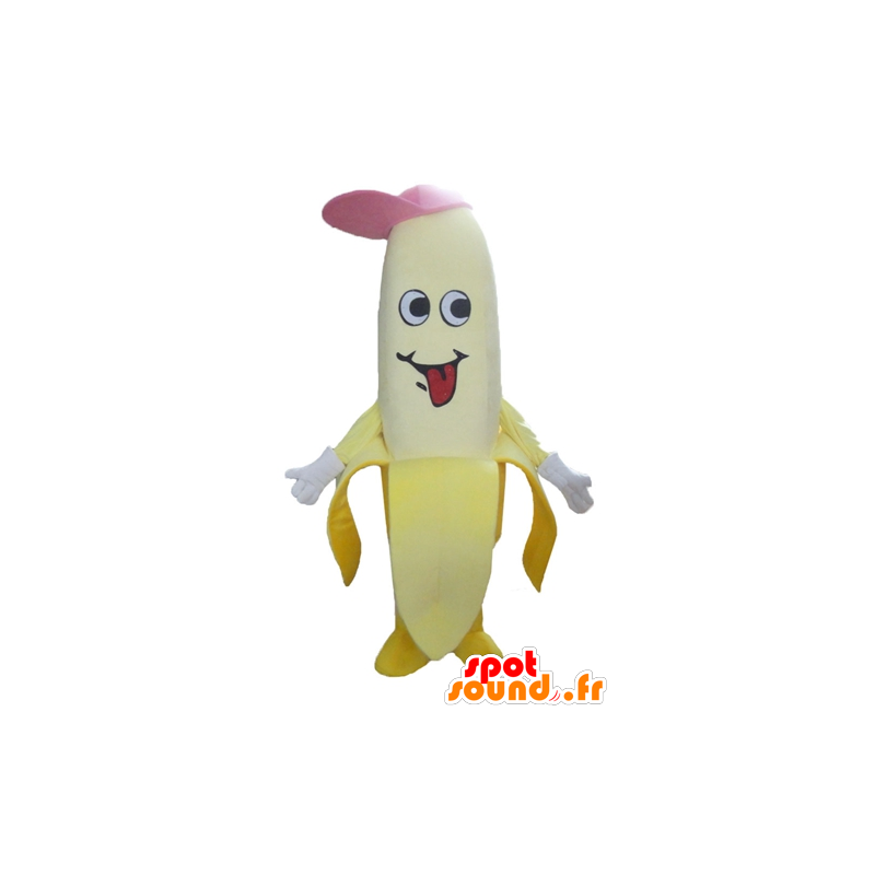 Jätte gul bananmaskot med rosa keps - Spotsound maskot