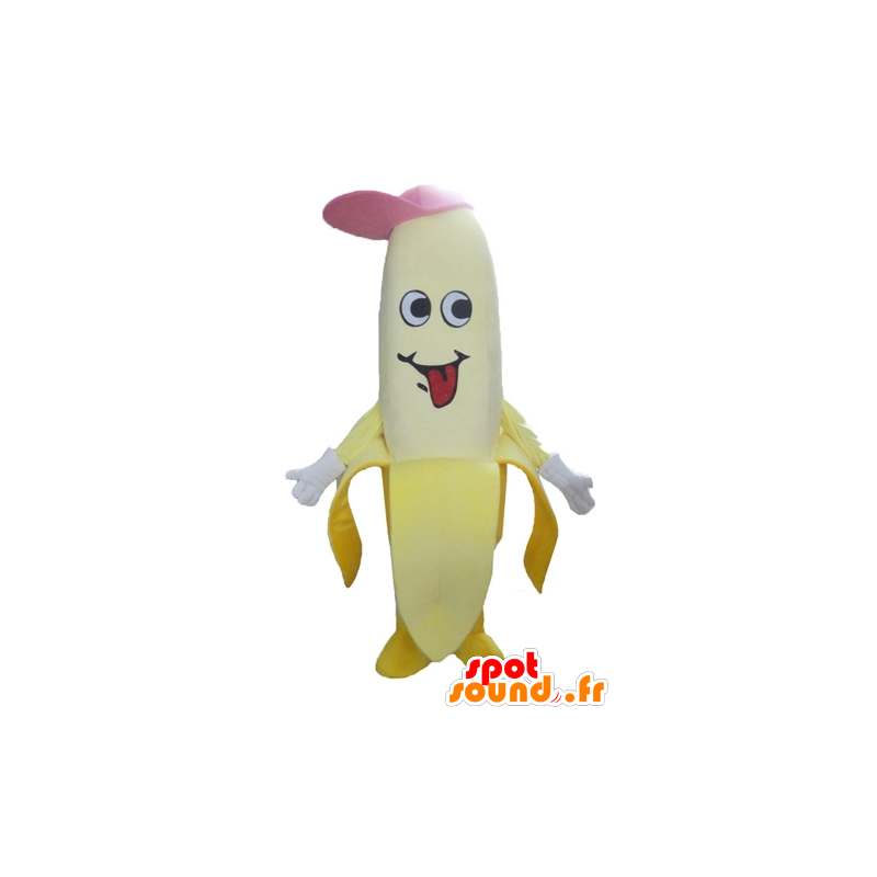 Mascot giant banana yellow with a pink hat - MASFR23869 - Fruit mascot