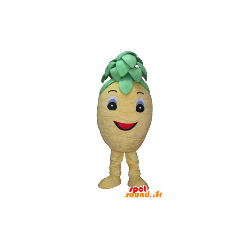 Mascotte d'ananas jaune et vert, mignon et souriant - MASFR23873 - Mascotte de fruits