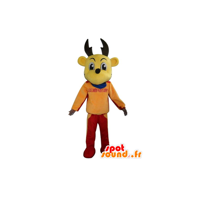 Reindeer mascot, yellow momentum in colorful outfit - MASFR23890 - Animals of the forest