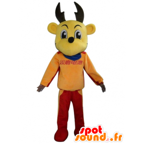Rensdyrmaskot, gul elg, farverigt tøj - Spotsound maskot kostume