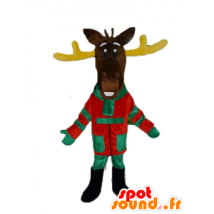 Brown reindeer mascot, with yellow wood, colorful dress - MASFR23898 - Animals of the forest