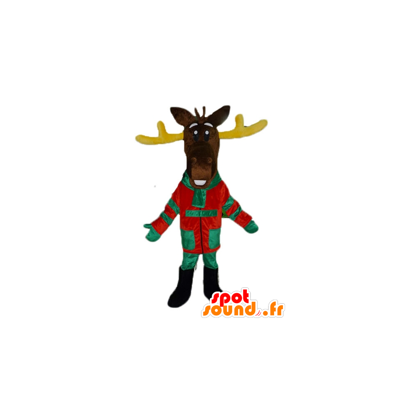 Marrón mascota de renos, con madera de color amarillo, vestido de colores - MASFR23898 - Animales del bosque