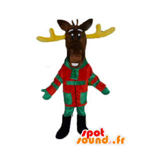 Brown reindeer mascot, with yellow wood, colorful dress - MASFR23898 - Animals of the forest