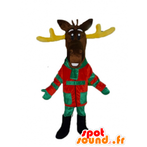 Bruin rendieren mascotte, met gele hout, kleurrijke outfit - MASFR23898 - Forest Animals