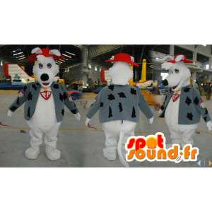 Mascote branco cão vestido em uma veste e um chapéu vermelho - MASFR006571 - Mascotes cão