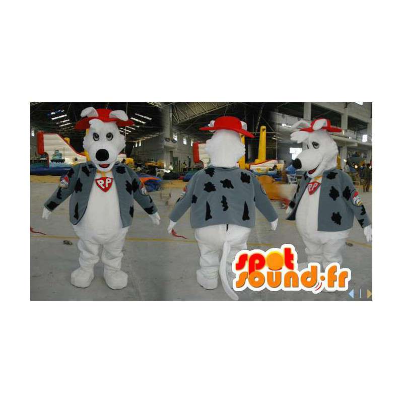 Mascot dog dressed in a white vest and a red hat - MASFR006571 - Dog mascots