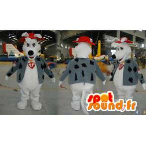 Mascote branco cão vestido em uma veste e um chapéu vermelho - MASFR006571 - Mascotes cão
