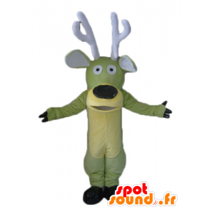 Mascotte de renne, d'élan vert et jaune, avec de grands bois - MASFR23904 - Animaux de la forêt