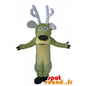 Reindeer mascot, green and yellow momentum, with large wood - MASFR23904 - Animals of the forest