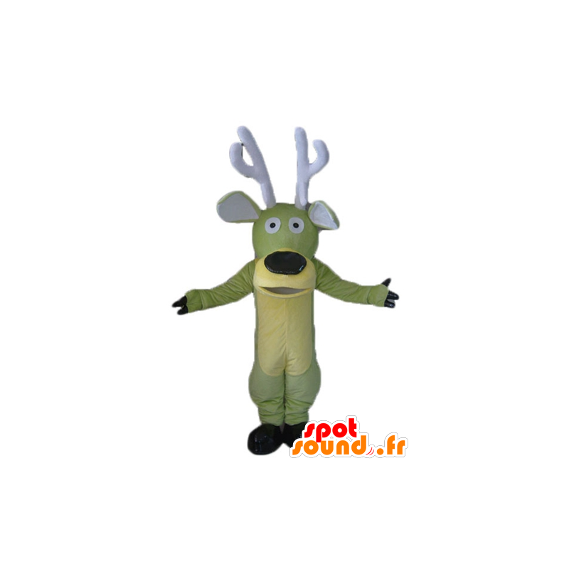 Reindeer mascot, green and yellow momentum, with large wood - MASFR23904 - Animals of the forest