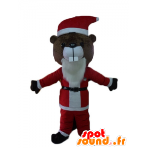 Mascot καφέ κάστορα σε στολή Αϊ Βασίλη - MASFR23907 - Beaver μασκότ