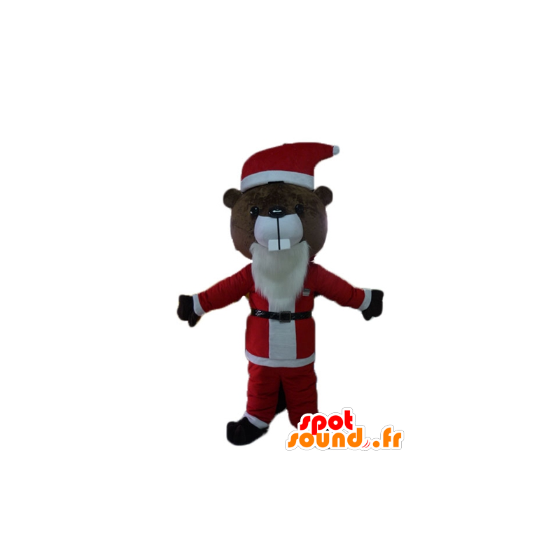 サンタクロースに扮した茶色のビーバーのマスコット-MASFR23907-ビーバーのマスコット