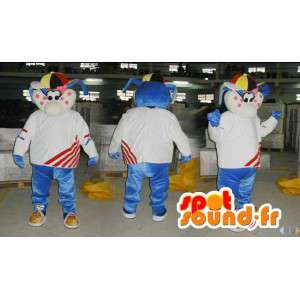 Azul e branco mascote coelho com um chapéu colorido - MASFR006573 - coelhos mascote