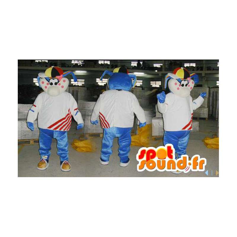 Azul e branco mascote coelho com um chapéu colorido - MASFR006573 - coelhos mascote