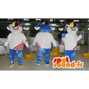 Mascot blauen und weißen Kaninchen mit einem bunten Hut - MASFR006573 - Hase Maskottchen