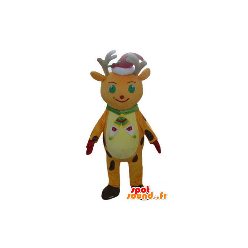 Mascotte de renne de Noël orange et jaune, avec un bonnet - MASFR23919 - Mascottes Noël