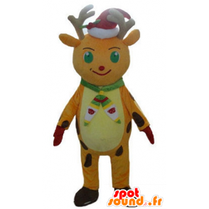 Natale renna mascotte arancio e giallo, con un berretto - MASFR23919 - Mascotte di Natale