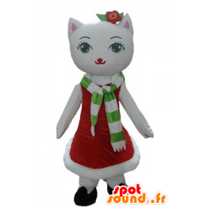 Biały kot maskotka, w sukni Boże Narodzenie - MASFR23921 - Boże Maskotki
