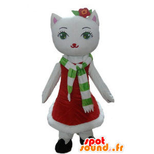 Hvit katt maskot, med en julekjole - MASFR23921 - jule~~POS TRUNC