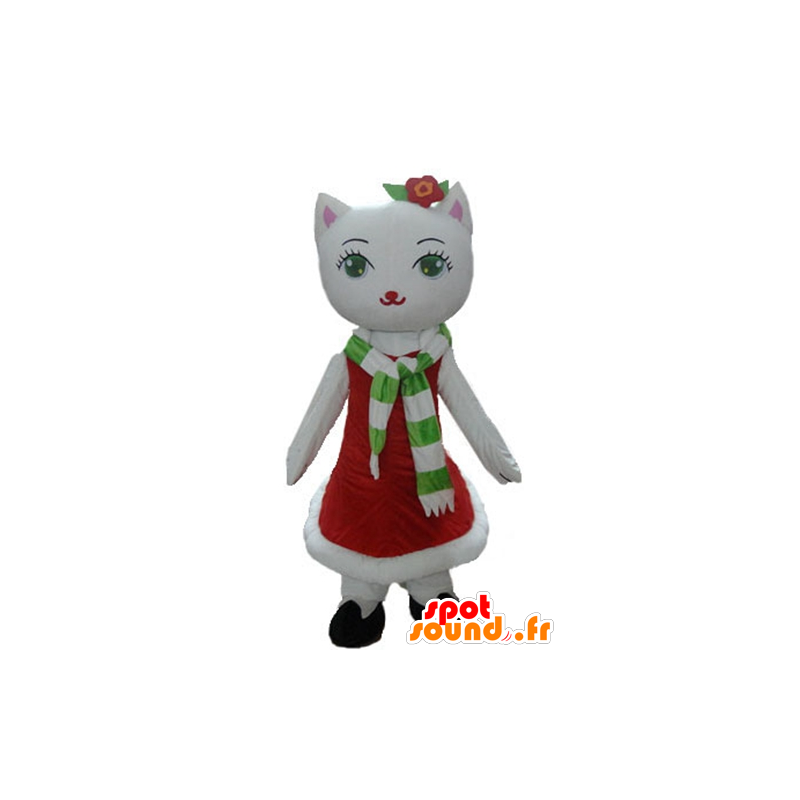 Weiße Katze Maskottchen mit einem Weihnachtskleid - MASFR23921 - Weihnachten-Maskottchen