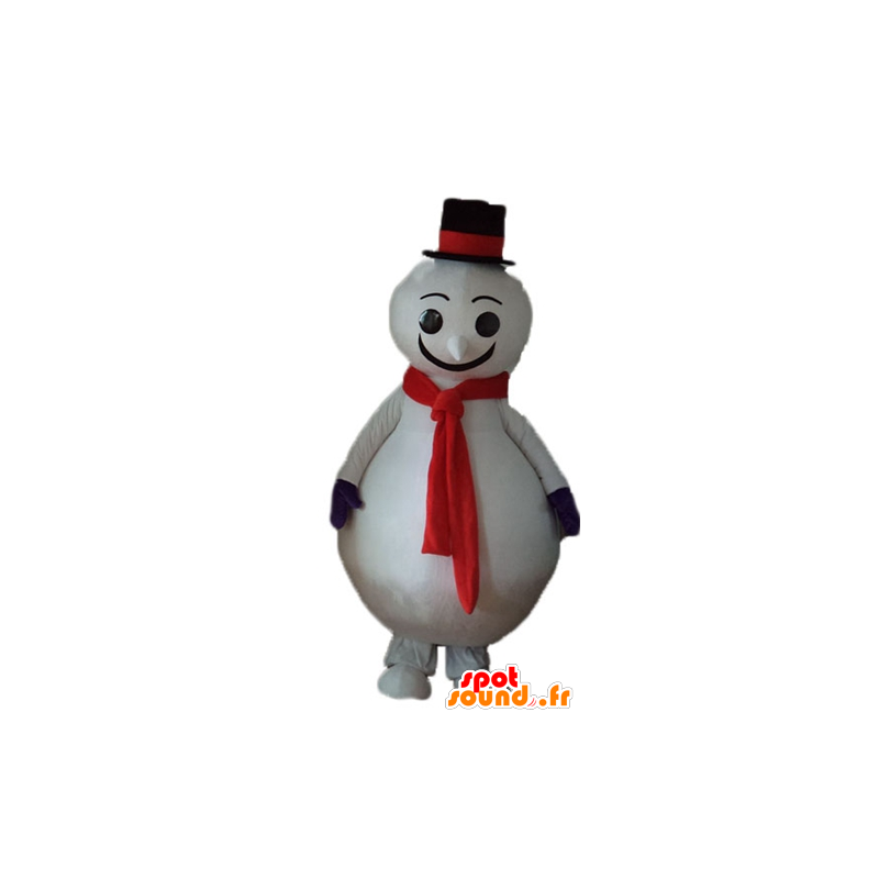 Big white snowman mascot, red and black - MASFR23927 - Mascots unclassified