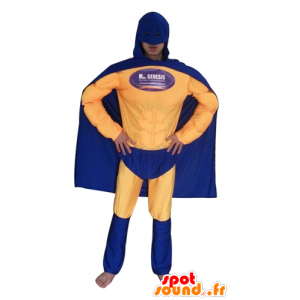 Superhero costume holding blue and yellow