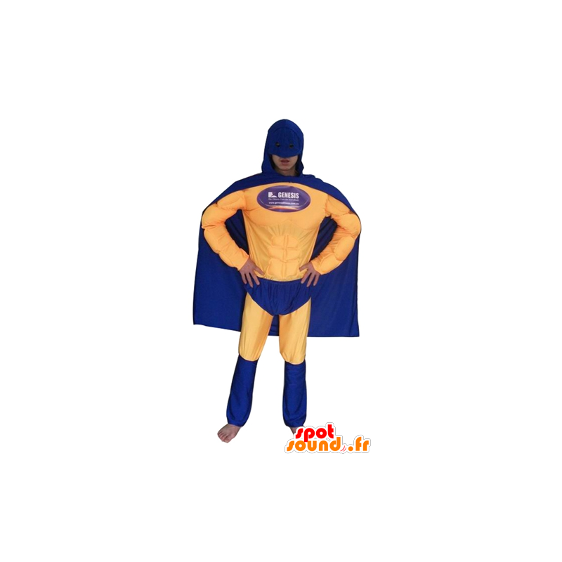 Traje de super-herói segurando azul e amarelo - MASFR23948 - super-herói mascote
