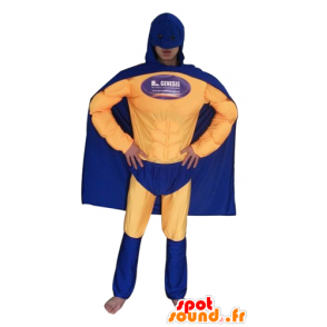 Traje de super-herói segurando azul e amarelo - MASFR23948 - super-herói mascote