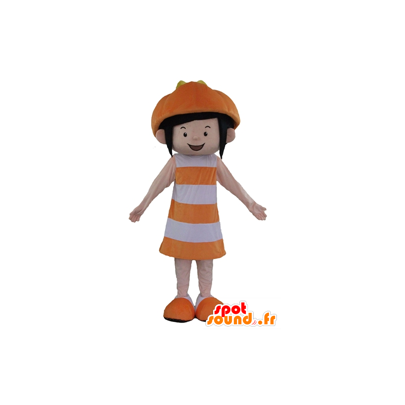 Mascotte de fille souriante, en tenue orange et blanche - MASFR23951 - Mascottes Garçons et Filles