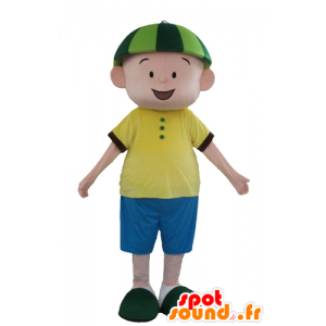 Chłopiec maskotka w kolorze niebieskim i żółtym sukienka z zielonym kapeluszu - MASFR23952 - Maskotki Boys and Girls